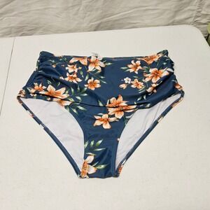 DACI Bikini Bottom Women 14W Navy Blue Floral High Rise Ruched Tummy Control